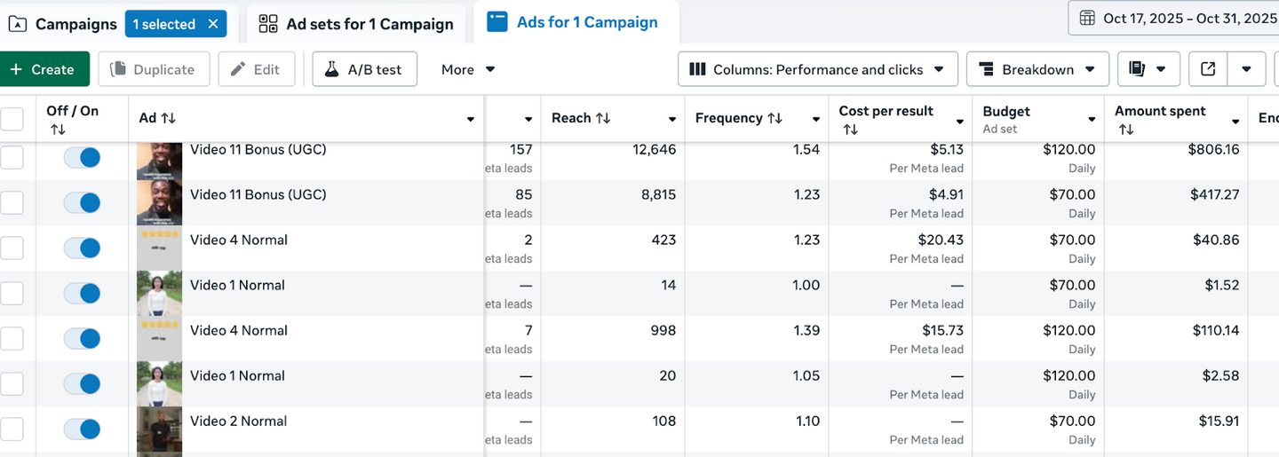Meta Ads Manager campaign table